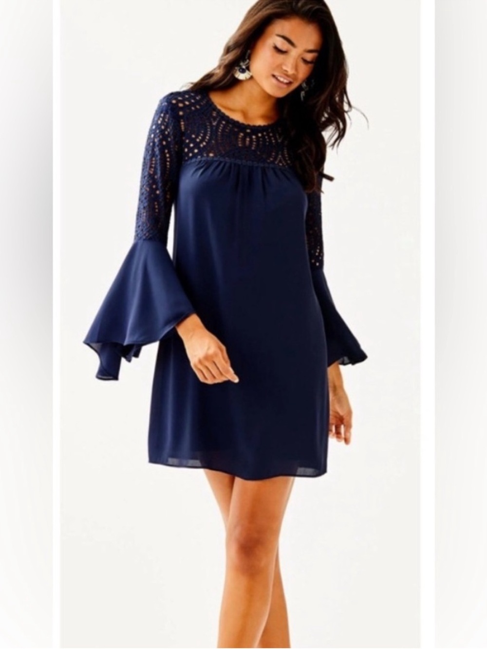 Lilly Pulitzer Amenna Bell Sleeve Lace Dress True Navy Blue Sz 4